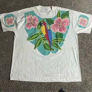 Vintage 90s Floral Parrot Handmade Custom T-Shirt Size 2XL